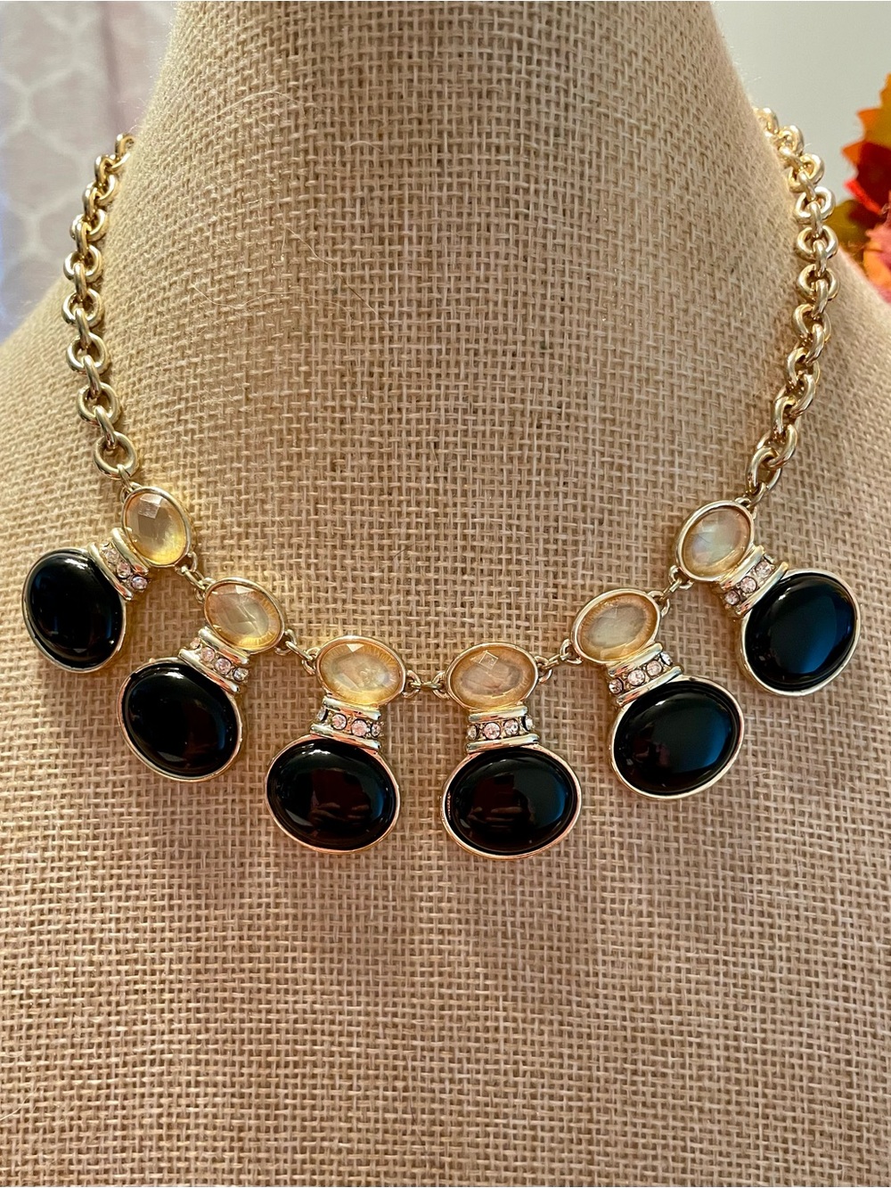 Dana Buchman Gold Tone Black Oval Cabochon Statement Collar Necklace
